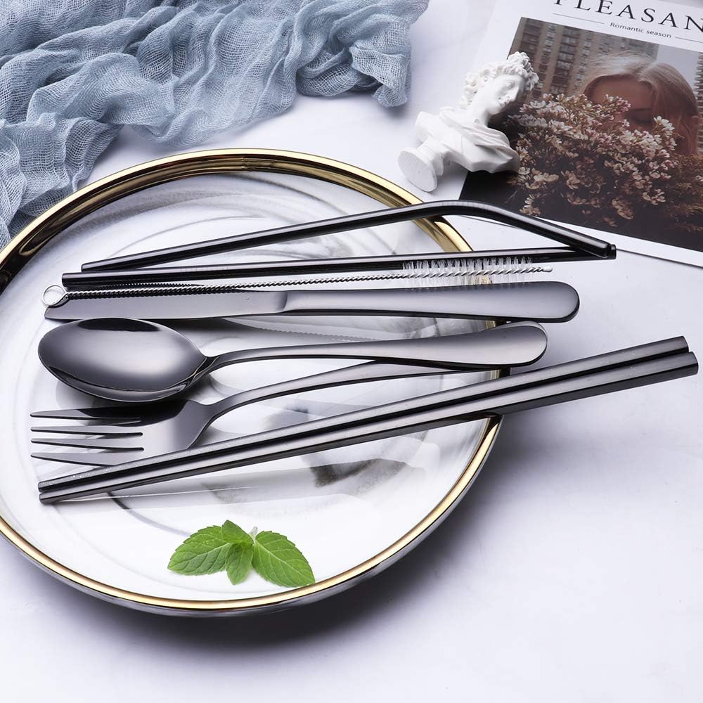 Skiennix Travel Utensils Set - 8-Piece Reusable Stainless Steel Cutlery for Lunchbox & Office | Portable & Dishwasher Safe - Black