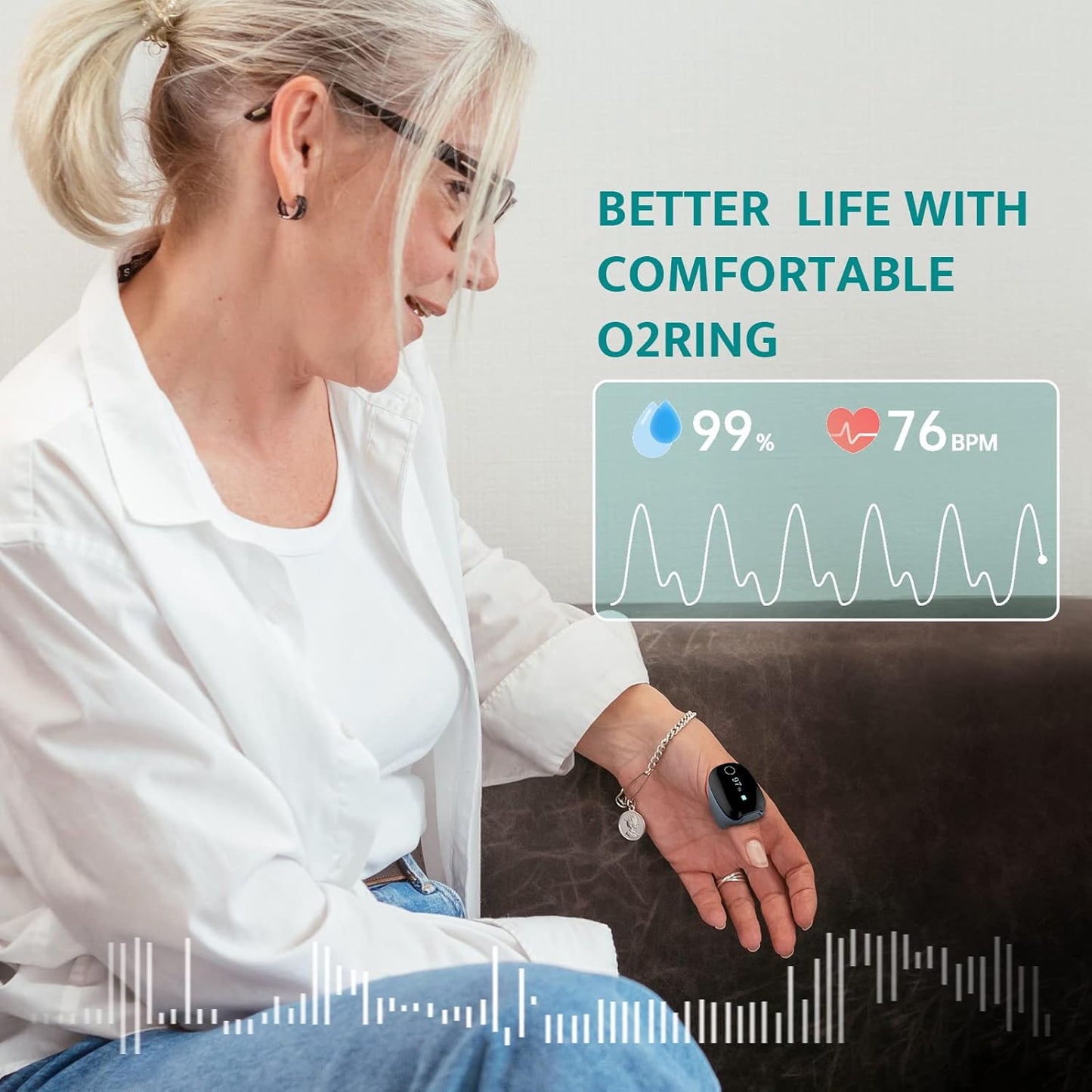 Wellue O2Ring Pulse Oximeter - Bluetooth Rechargeable Oxygen Monitor with Reminder | Continuous Tracking of Oxygen Levels and Pulse Rate