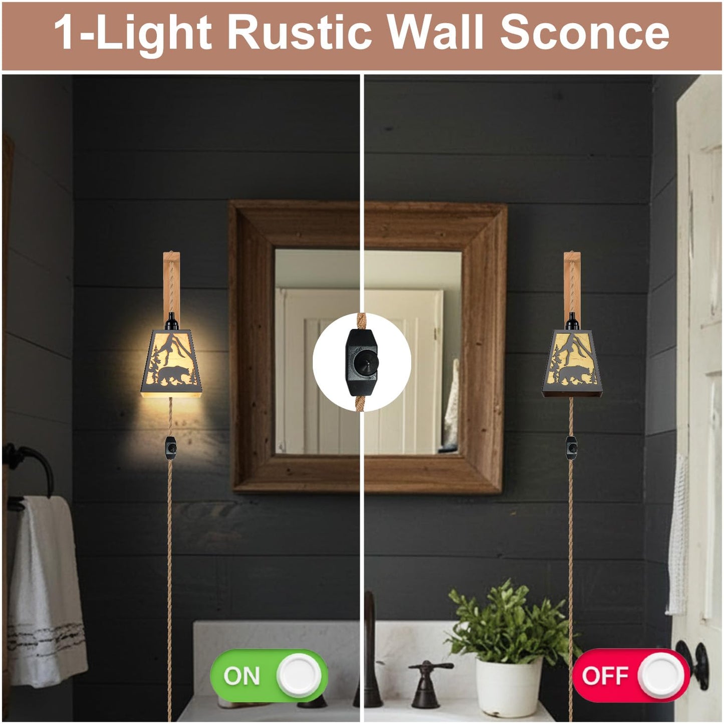 Sunnyin Wall Sconces Set of Two Plug in,Rustic Bear Dimmable Wall Sconce with Wood Shelf Bracket,Farmhouse Parchment Shade Sconces Wall Lighting,Antique Black Wall Lamps for Bedroom,Living Room,Indoor