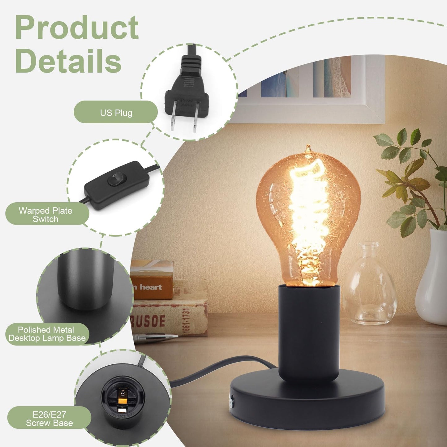 Suoyouman Industrial Table,Small Polished Metal Desktop Lamp Base Only,E26 E27 Screw Light Bulb Holder Base Lamp Replacement Base for Holding Bulb,6 Feet Cord on Off Switch Plug Black 1 Pcs