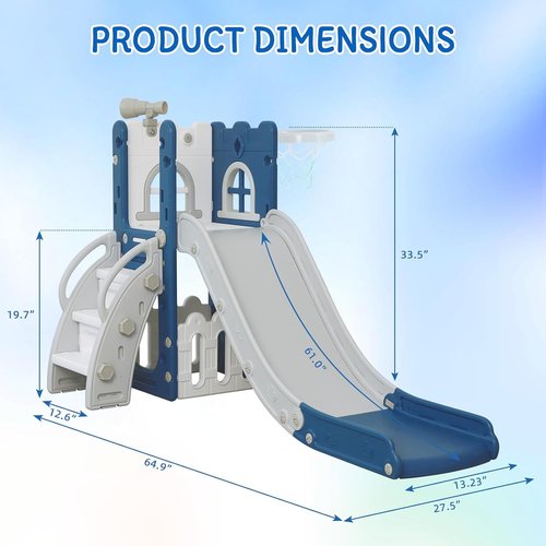 LulliSpace 6-in-1 Toddler Slide - Indoor/Outdoor Climber with Storage, Telescope & Basketball Hoop - Blue