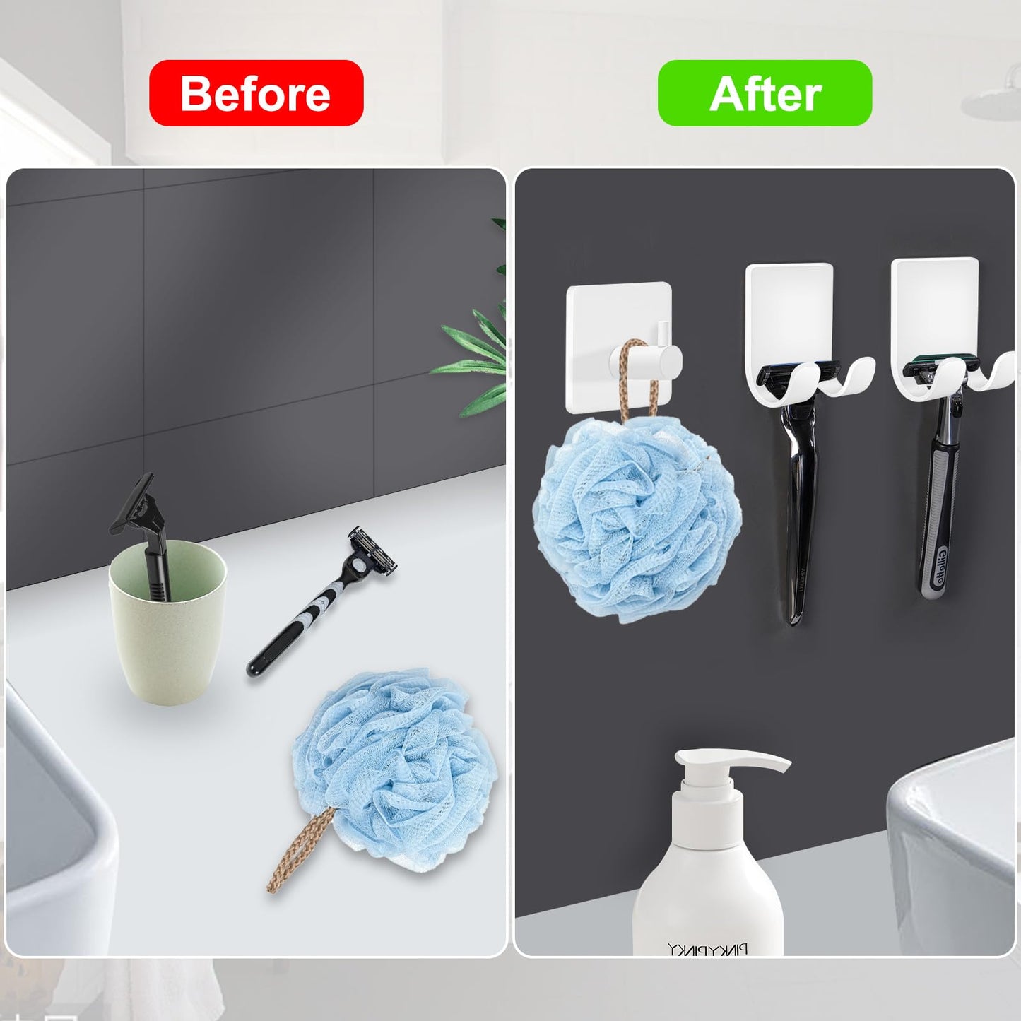 CGBE 4 Pack Shower Hooks - Self Adhesive Shaver Holder Hanger for Bathroom, Damage Free Wall Hooks for Razor, Loofah Sponge - White