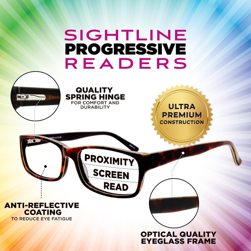 Sightline H101 Progressive Reading Glasses – Comfortable No-Line Multifocal Readers for Men & Women, Acetate Frame – Tortoise, 2.00 Magnification