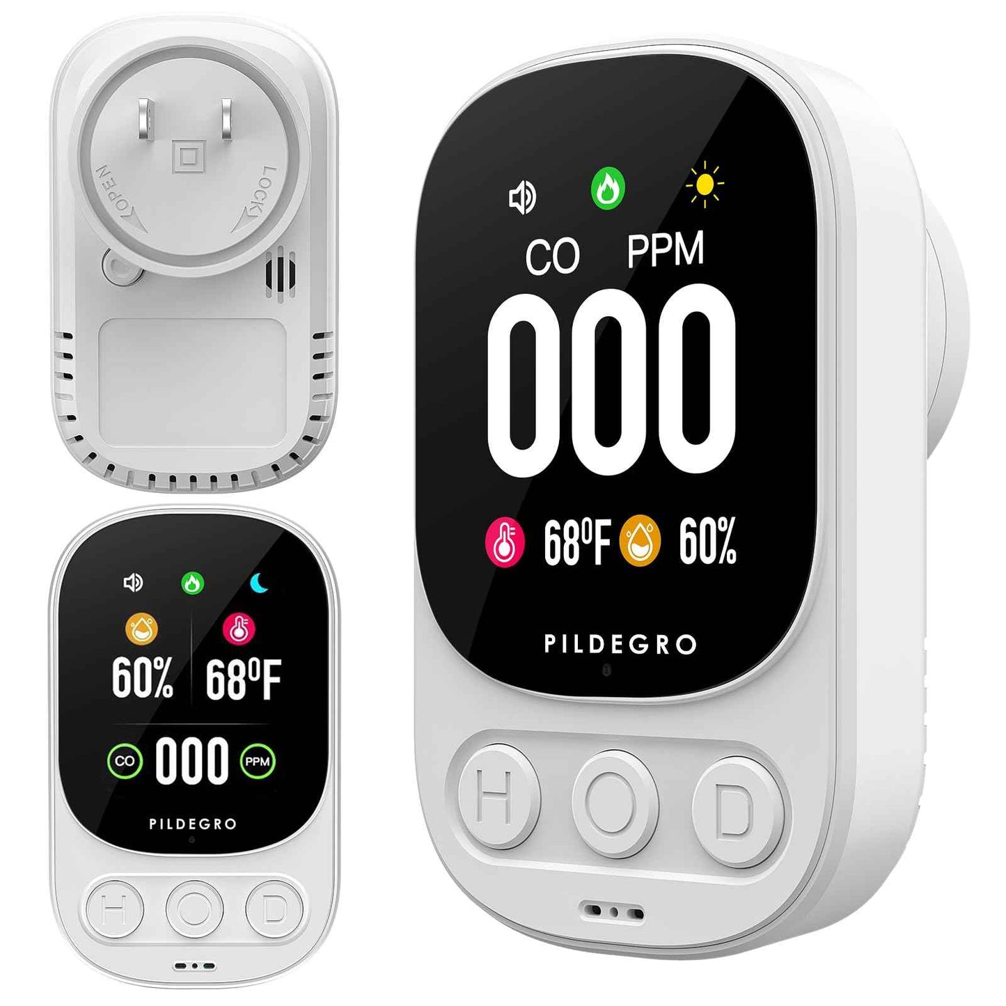 Pildegro 3-in-1 Carbon Monoxide Detector Plug in, Professional 2.1" LED Plug-and-Play Real-Time CO Monitor with Temp & RH, Premium Portable Travel CO Alarm with 85dB Loud Alarm (White/Classic)