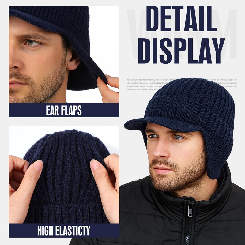 Simlakey 2 Pcs Winter Hats with Brim and Ear Flap Fleece Winter Beanie Hat Outdoor Warm Lined Knit Hat for Men Women(Black, Navy Blue)