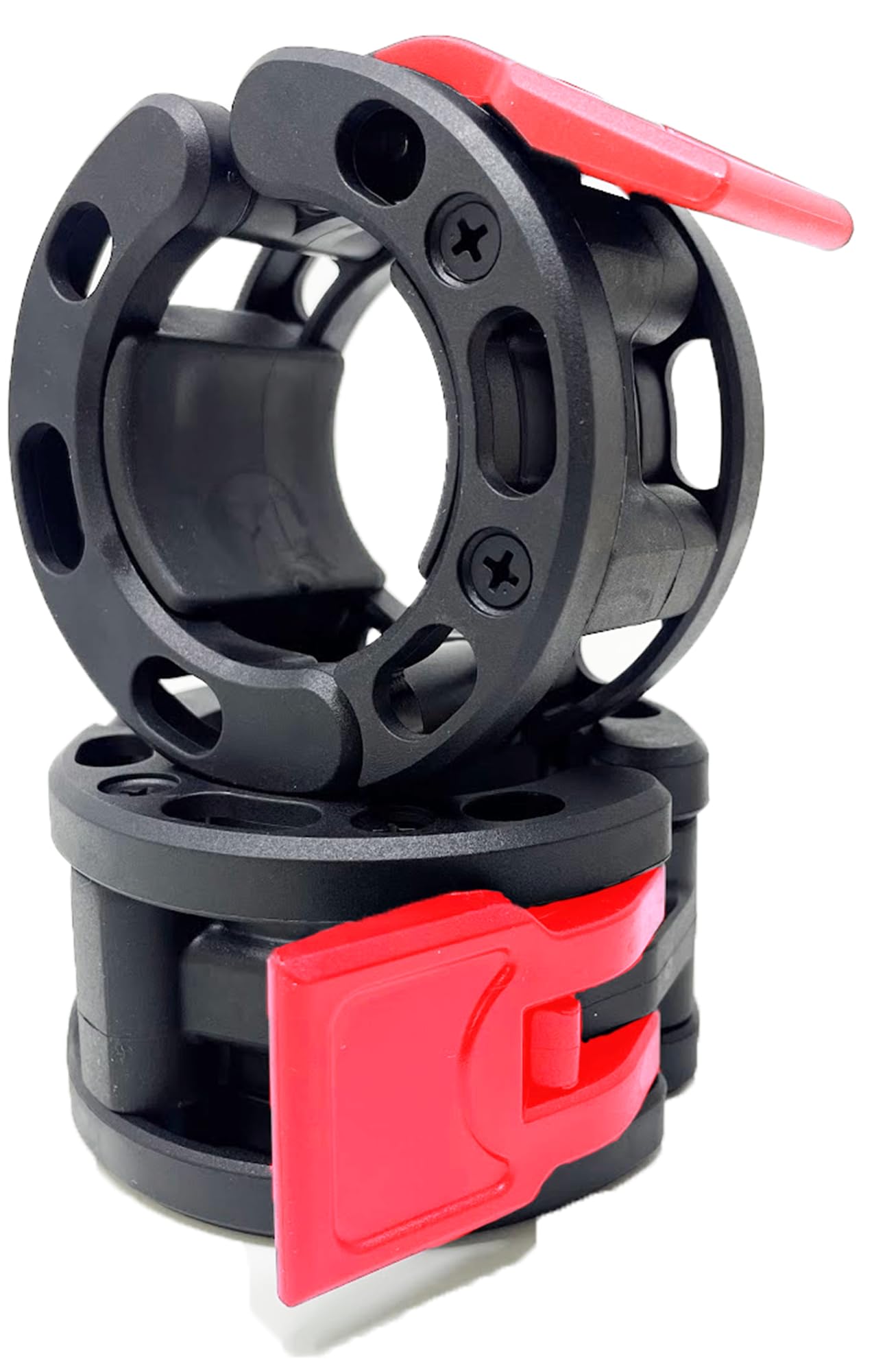 Clout Fitness Olympic Barbell Clamps Collars Quick Release Pair of Locking Weight Clips Fit 2 Inch Barbell (Black with Red Lever)