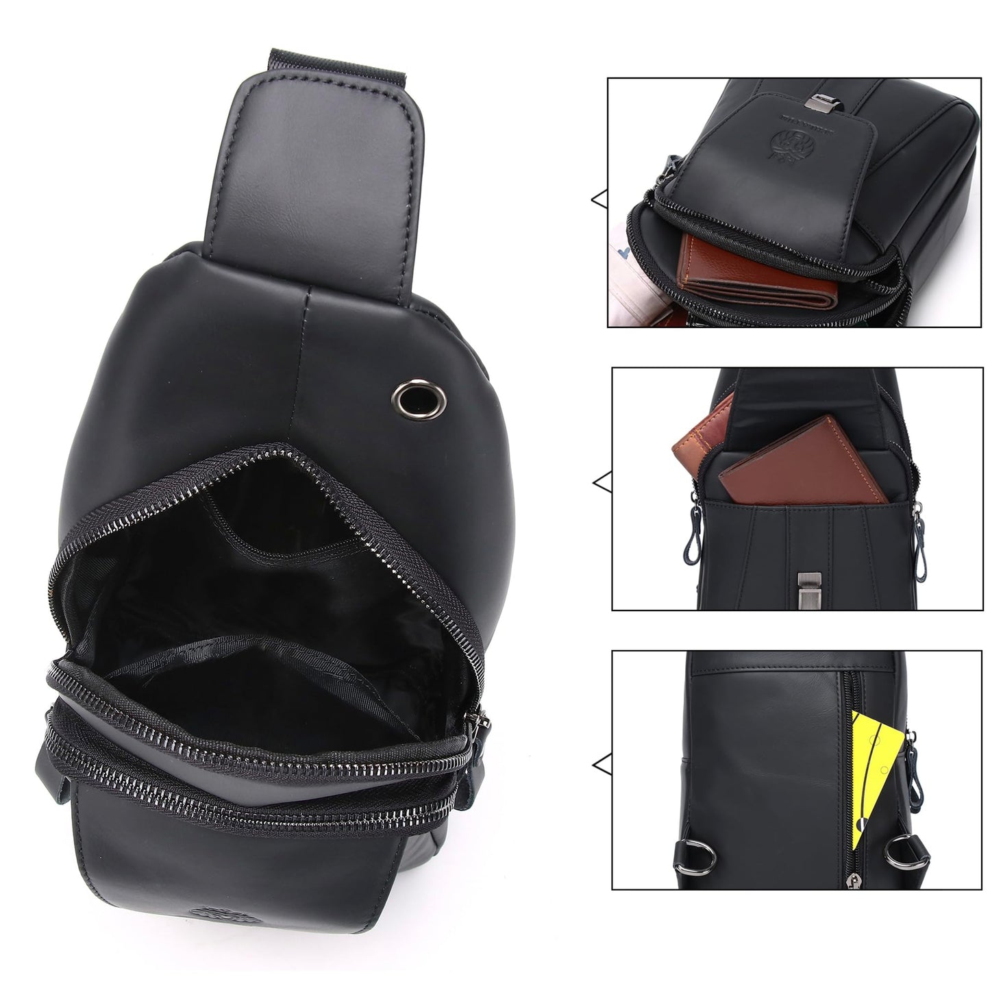 LUKZIJAES Genuine Leather Sling Bag for Men Casual Crossbody Shoulder Chest Pack Daypack Outdoor Travel Hiking Backpack (#10-Black)