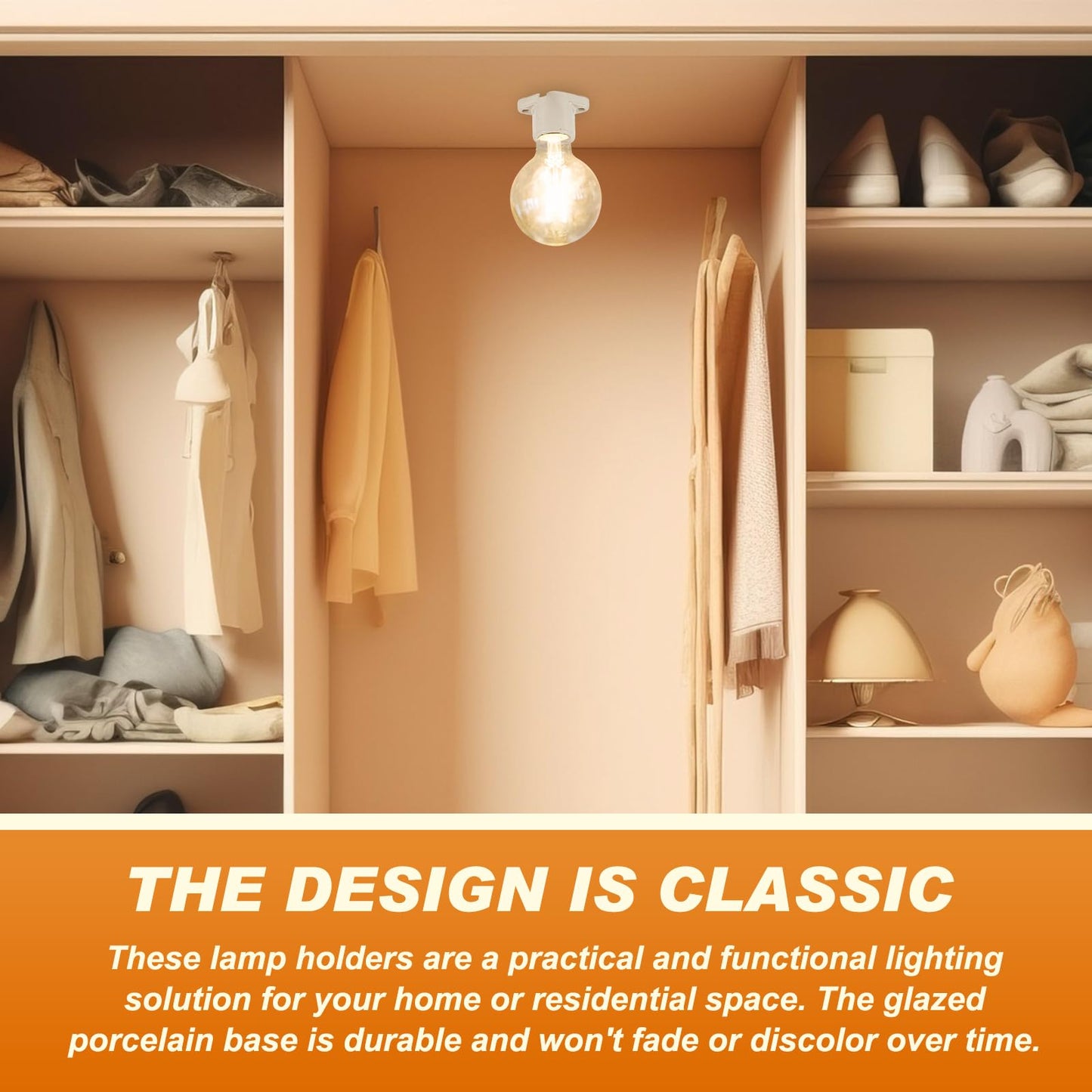 Saysurey 2 Pcs E26 Light Socket Porcelain Lamp Holder Socket Medium Keyless Threaded Base with Two Hole Flange Mounting and 6" Wire Indoor Garage Closet Lighting