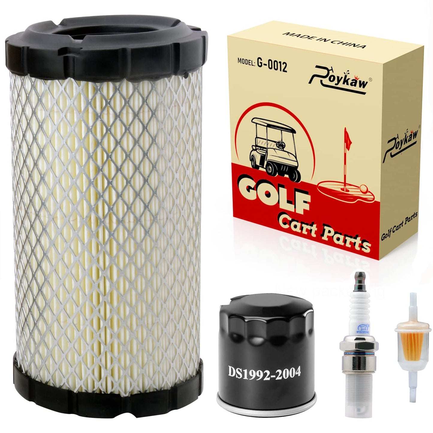 Roykaw Golf Cart Tune Up Kit for EZGO RXV 2008-up & EZGO TXT 2010-up Gas Models with Kawasaki Motor Air Filter 28463-G01, Fuel Filter 72084-G01, Oil Filter 607454, Spark Plug 607462