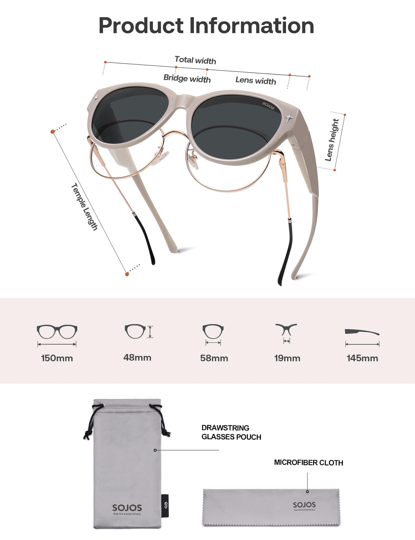 SOJOS Cat Eye Polarized Fit Over Glasses Sunglasses for Women, Trendy Cateye Wrap Around Shades for Women SJ2658, Dark Beige Frame/Grey Lens