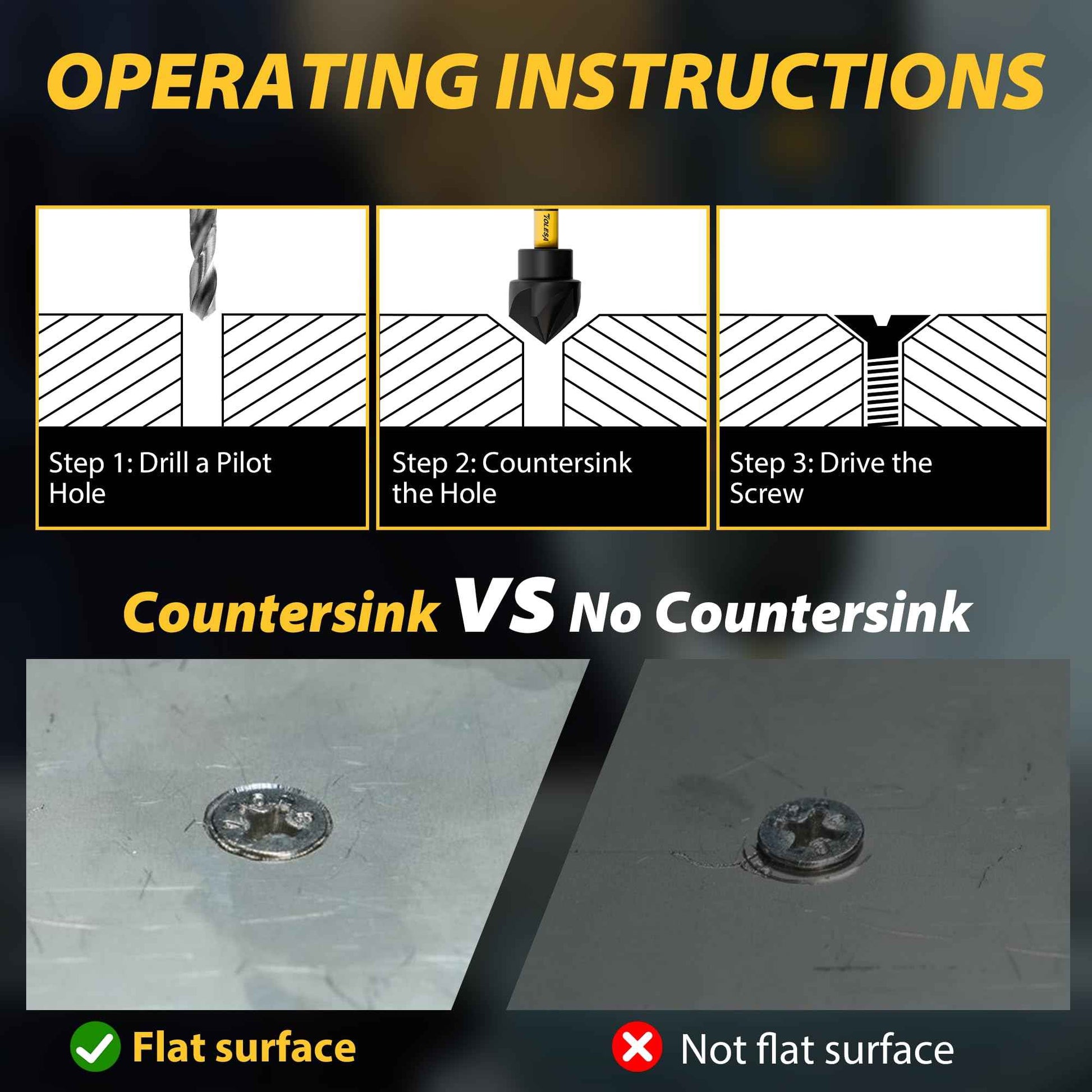 TOLESA 5PCS Countersink Drill Bit Set with 82 Degree 5 Flutes Design, Nitride Coating HSS 1/4" Hex Shank Counter Sink Drill Bit for Wood, Metal, Plastic in Size 1/4” 3/8” 1/2” 5/8” 3/4”
