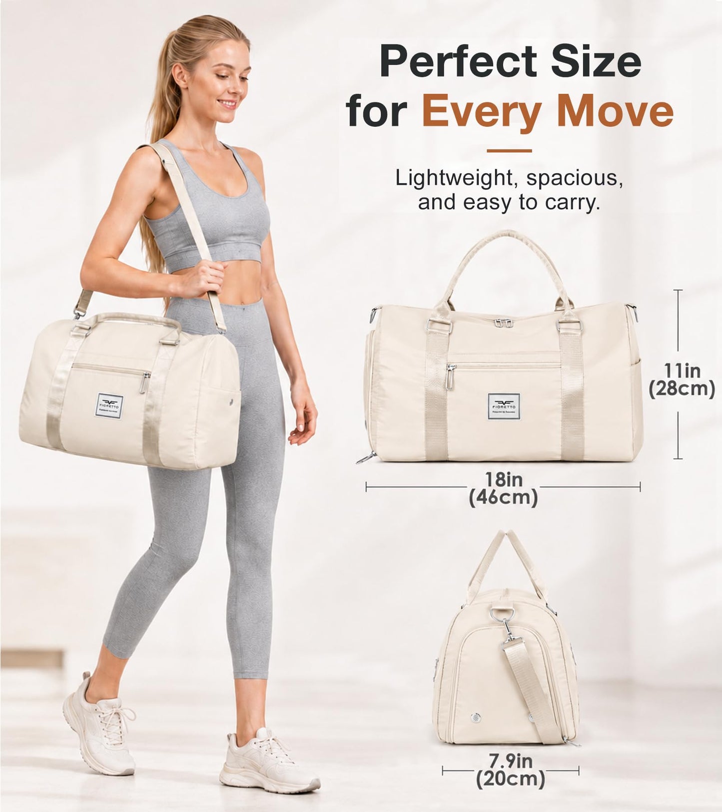 FIORETTO Womens Gym Tote Duffle Bag with Wet Pocket & Shoe Compartment, Sports Duffel Overnight Weekender Hospital Workout Carry on Bag for Girls, Ideal for Travel, Swimming, Dance, Ballet Black