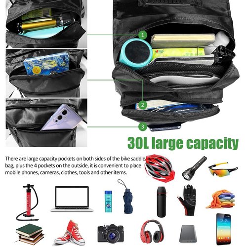KLERICER Double Bike Pannier Bag, 30L Waterproof Bicycle Trunk Bag with Rain Cover, Bike Panniers Rear Rack Bag with Reflective Stripe, Multi Pockets Saddle Bags for Bicycle (Black)