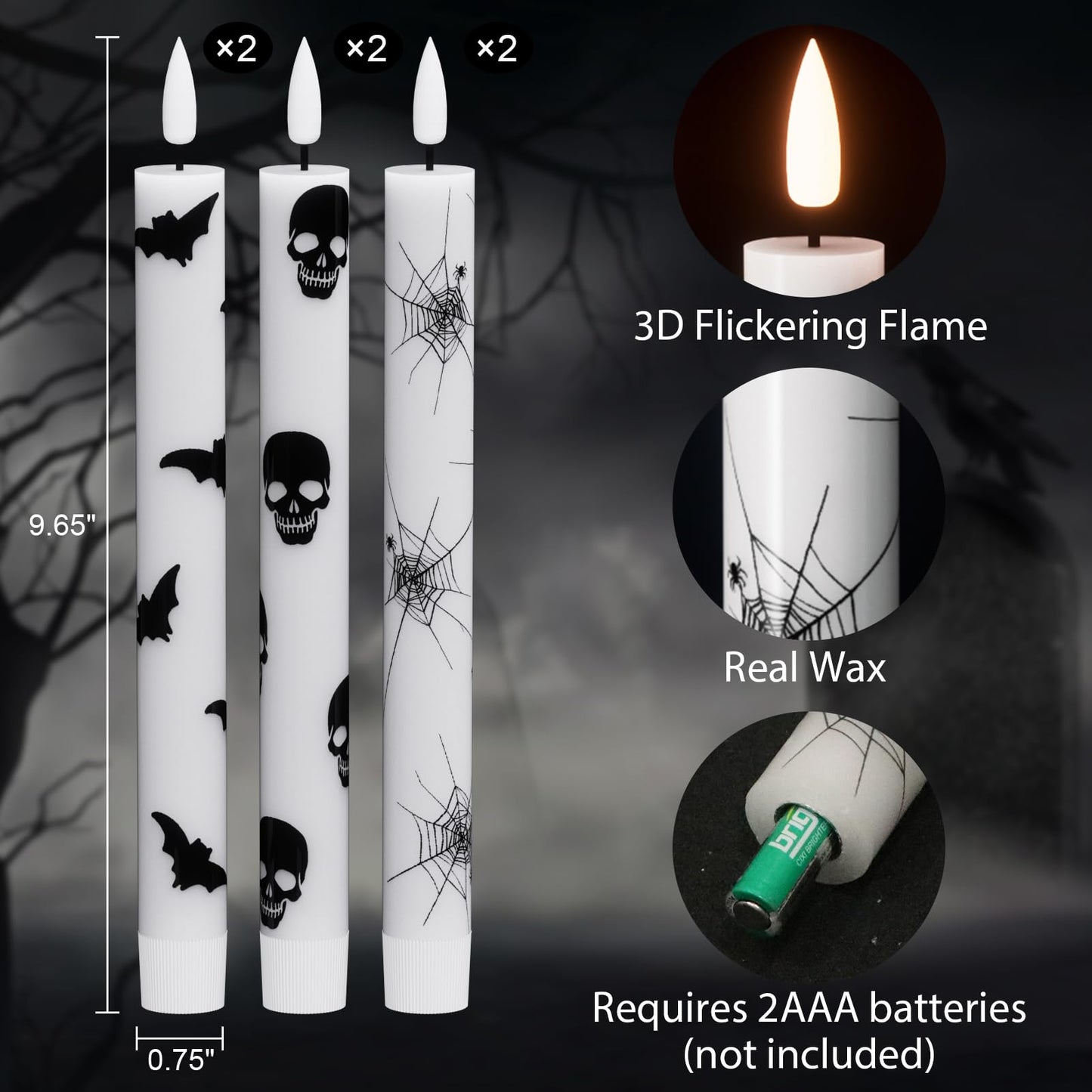 KunSwenn Halloween Flameless Taper Candles, 6 Pack LED Taper Candles Battery Operated with Remote Timer, Real Wax Flameless Candlesticks with Spider Webs/Skull/Bats Decals for Halloween Decoration