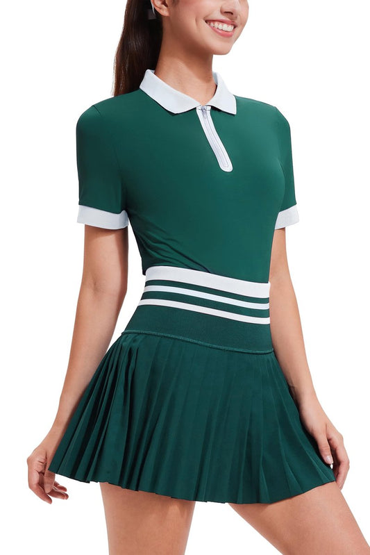 Tennis Skirt Sets for Women Zipper Color Block High Waisted Golf Polo Two Piece Skirt Set Women 2 Piece Outfits Green
