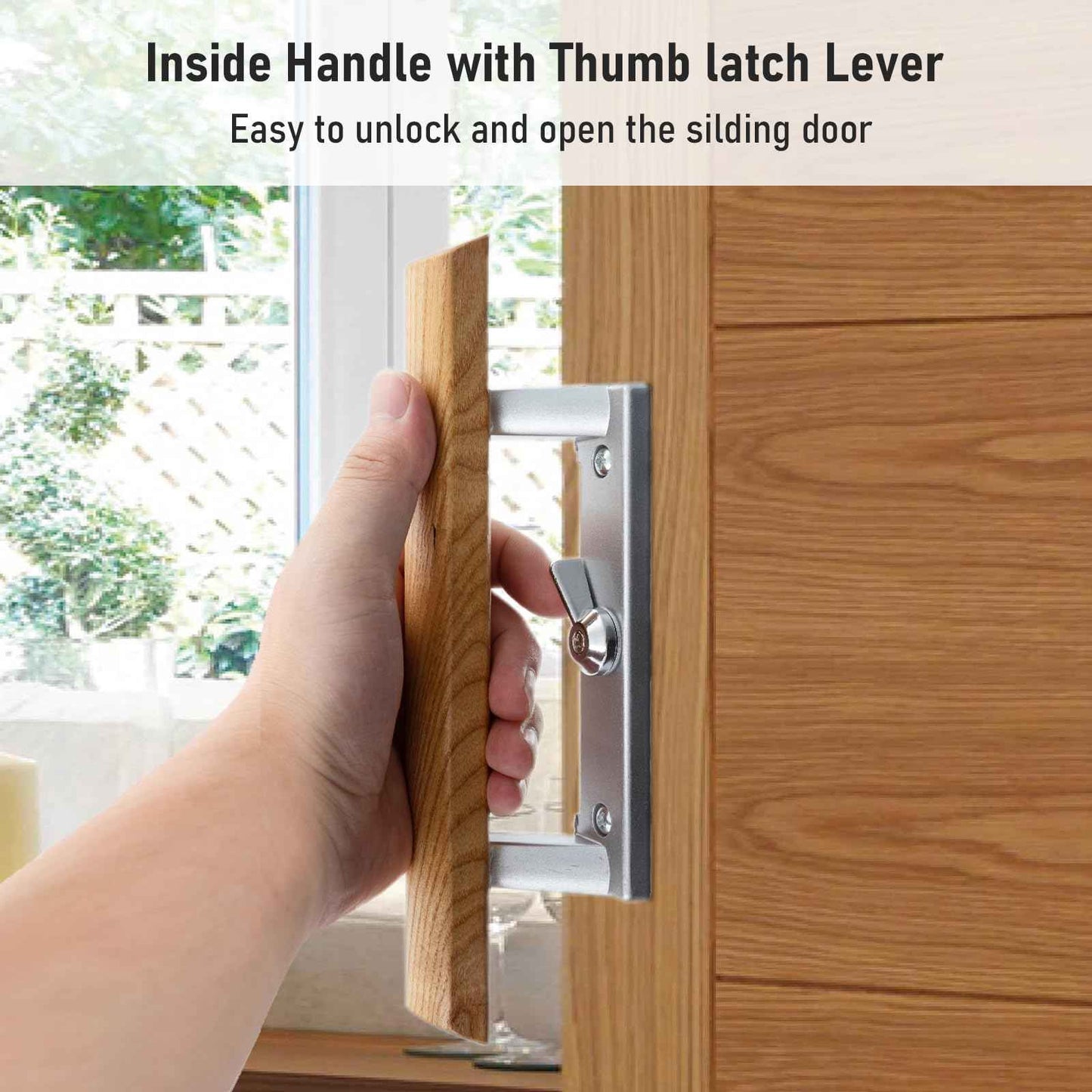 HOME MASTER HARDWARE Patio Sliding Door Handle Set, Non-keyed Sliding Screen Door Handles with Wood Handle, Sliding Door Hardware Fits 3-15/16" Hole Spacing