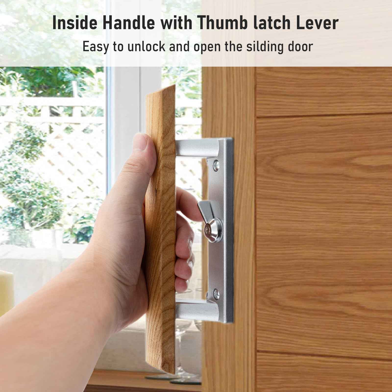 HOME MASTER HARDWARE Patio Sliding Door Handle Set, Non-keyed Sliding Screen Door Handles with Wood Handle, Sliding Door Hardware Fits 3-15/16" Hole Spacing