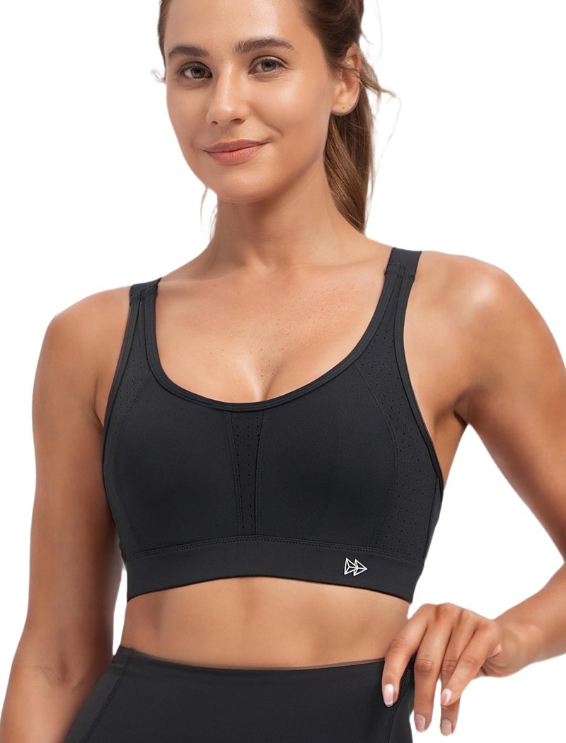 Yvette Supportive Sports Bra Adjustable Straps Plus Size Workout Running High Impact Sports Bras for Women Sewn in Pads,Black,M+