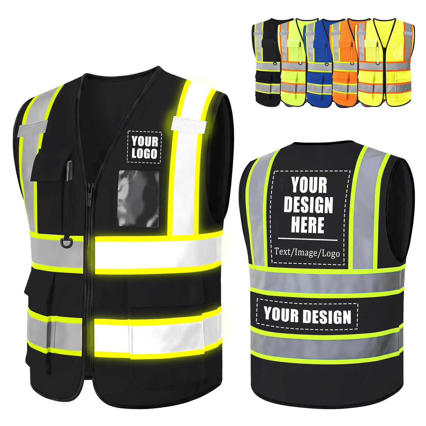 Safekim Custom Safety Vest with Logo, High Visibility Reflective Black Personalized Safety Vest for Men Women, Customized Construction Work Vest with Pockets and Zipper