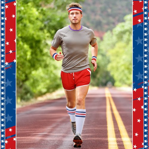 Jeere 6 Pcs 80s Costume for Men 90s Workout Outfit Set Shorts Striped Sweatbands Headband Socks for Women Party Cosplay(Red,L)