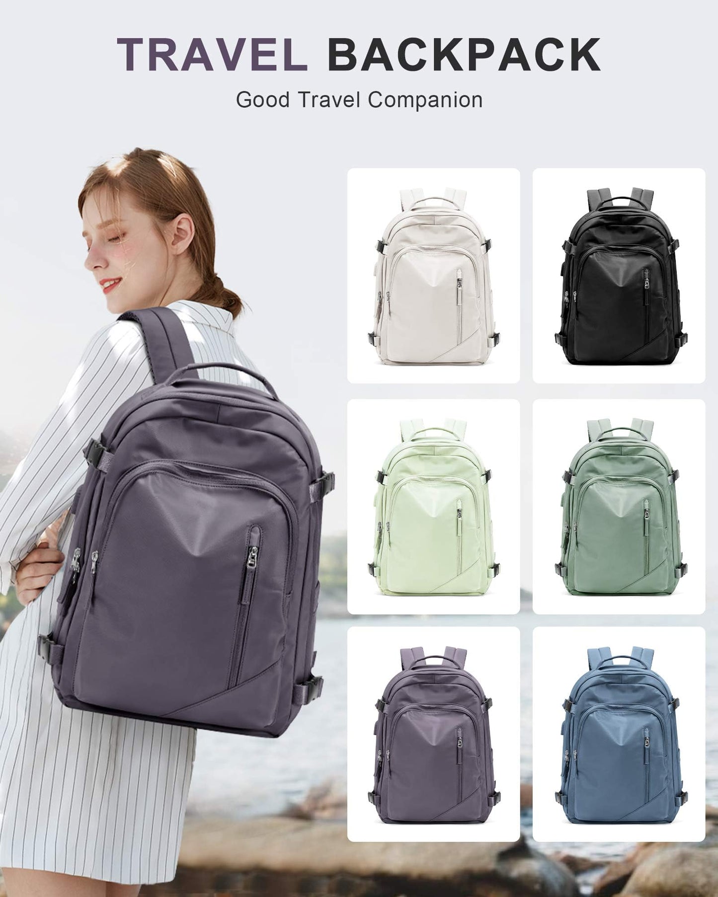 BJLFS Large Travel Backpack for Women Men,Carry On Backpack,Hiking Backpack Waterproof Outdoor Sports Rucksack Casual Work Gym Weekender Daypack Travel Essentials（simple, Purple）