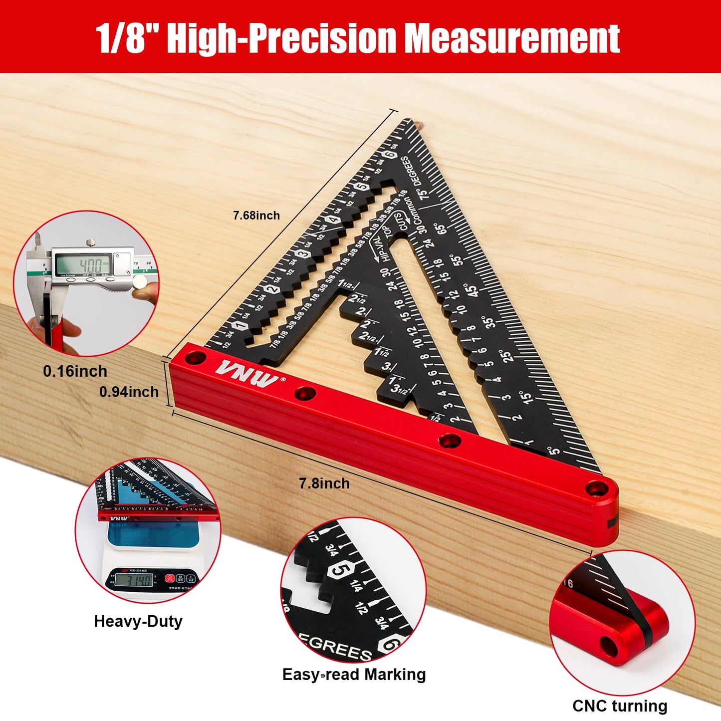 VNW 7inch Rafter Square with Carpenter Pencil, 1/8" Precision Heavy Duty Aluminum Woodworking Rule,Triangle Ruler Measuring Layout Tool (Black, Rafter Square)