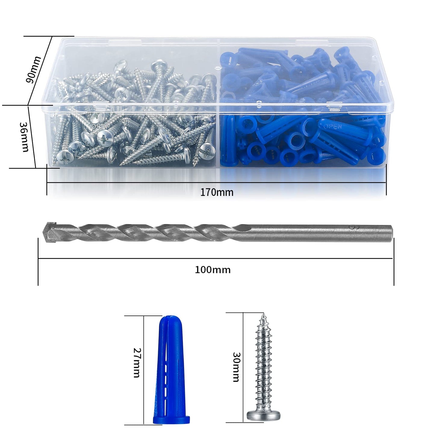 200 Pcs Conical Concrete Wall Anchors and Screws for Drywall, 10# Blue Conical Anchor and Self Tapping Screws, Includes 100 Pcs Drywall Anchors, 100 Pan Head Screw, 1 x Drill Bit (Blue)