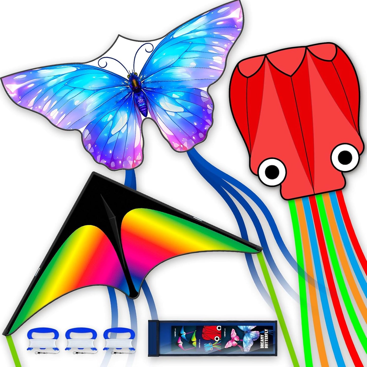 SGftre 3-Piece Kite Set - Easy-to-Fly Butterfly, Delta & Octopus Kites for Kids & Adults | Vibrant Colors
