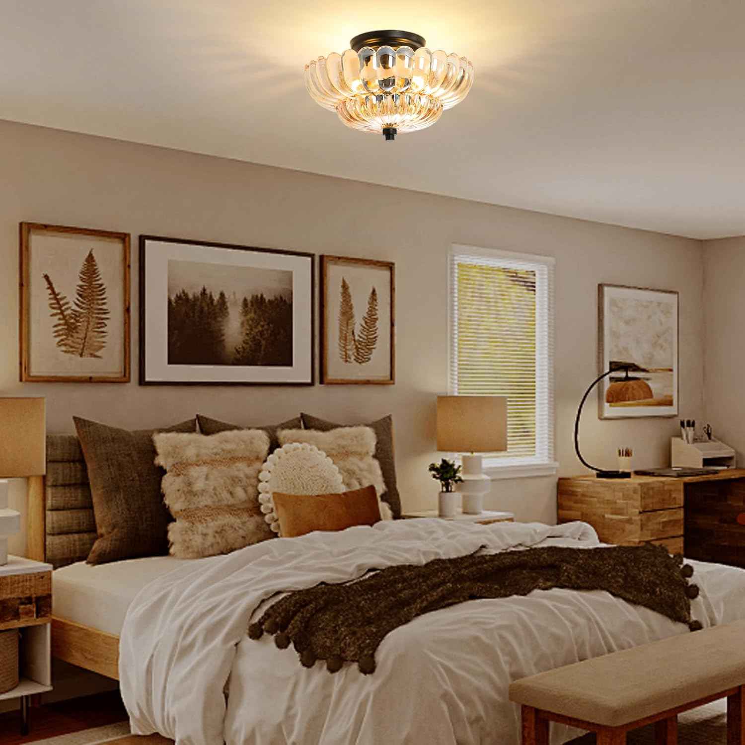 Modern Semi Flush Mount Ceiling Light Fixture with Brown Glass & Black Base - Ideal for Living Room, Kitchen, Bedroom, Hallway (Bulb Not Included)