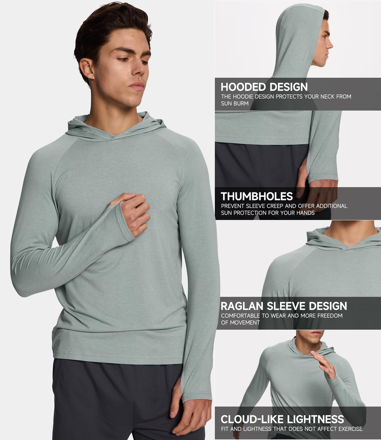 BAMBOO COOL Men's UPF 50+ Sun Protection Hoodies Soft and Lightweight Long Sleeve SPF Fishing Thumbhole Shirts Hooded Blue Gray