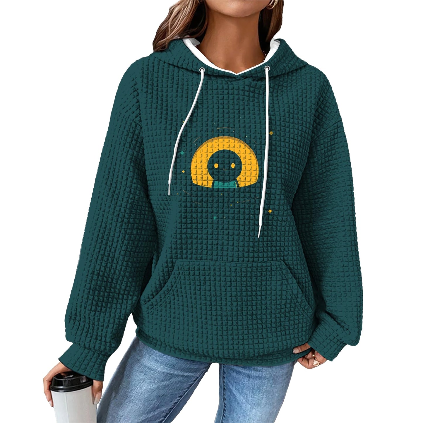 domirica Womens Sweatshirts Girl Graphic Elegant Loose Fit Business Casual Waffle Sweatshirt Women Long Sleeve Drawstring Pullover With Pocket Retro Workout Oversized Outfits Street Wear,XL
