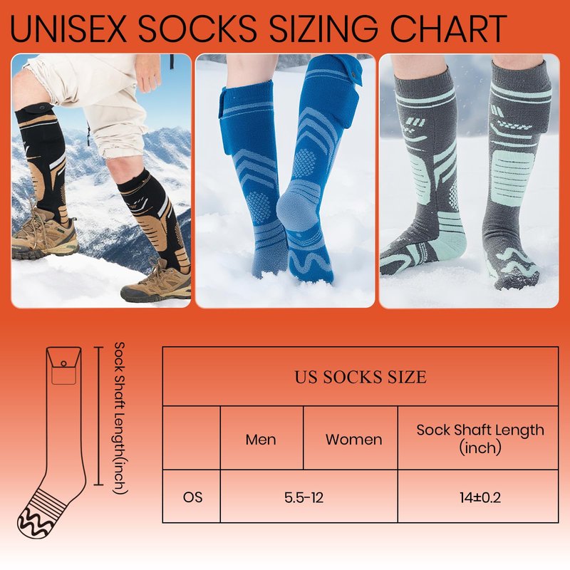 SURGOAL Merino Wool Heated Socks, 7.4V Rechargeable Battery Up to 10-Hour, APP-Controlled Electric Ski Socks for Men Women, Snowboarding, Hunting, Camping (Grey&Yellow)