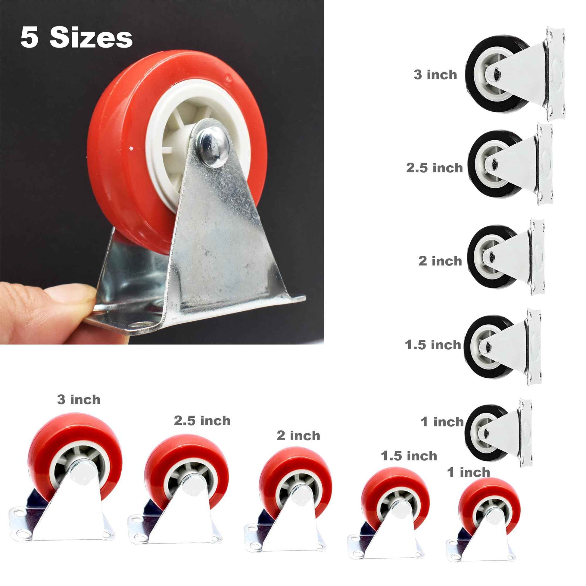 Floyutin 3 inch Rigid No-Swivel Plate Hard Rubber Caster Wheels for Furniture and Workbench 6 Packs(Free Screws)