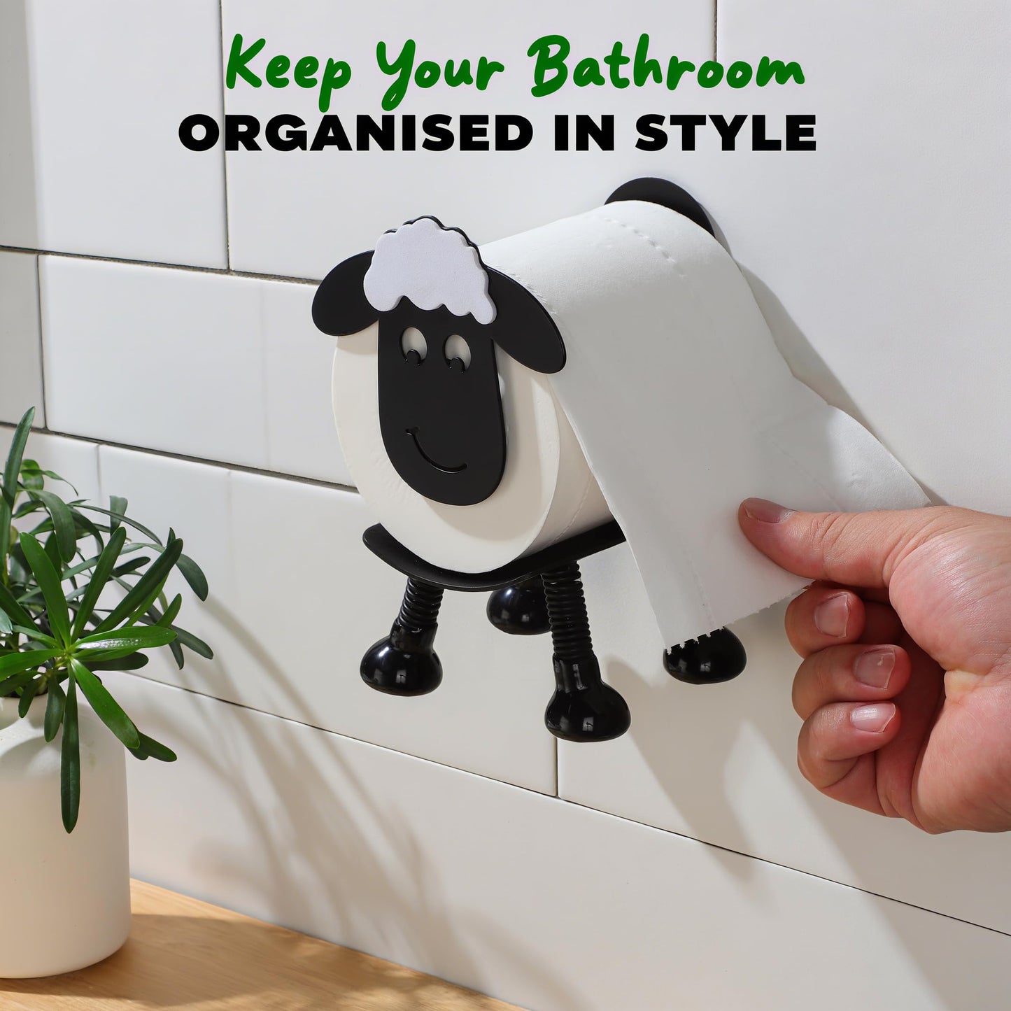 YIGII Sheep Toilet Paper Holder, Multifunctional 2 in 1 Adhesive Stainless Steel Toilet Roll Holder Stick on Wall or Free Standing, Funny Cute Bathroom Decor, Matte Black