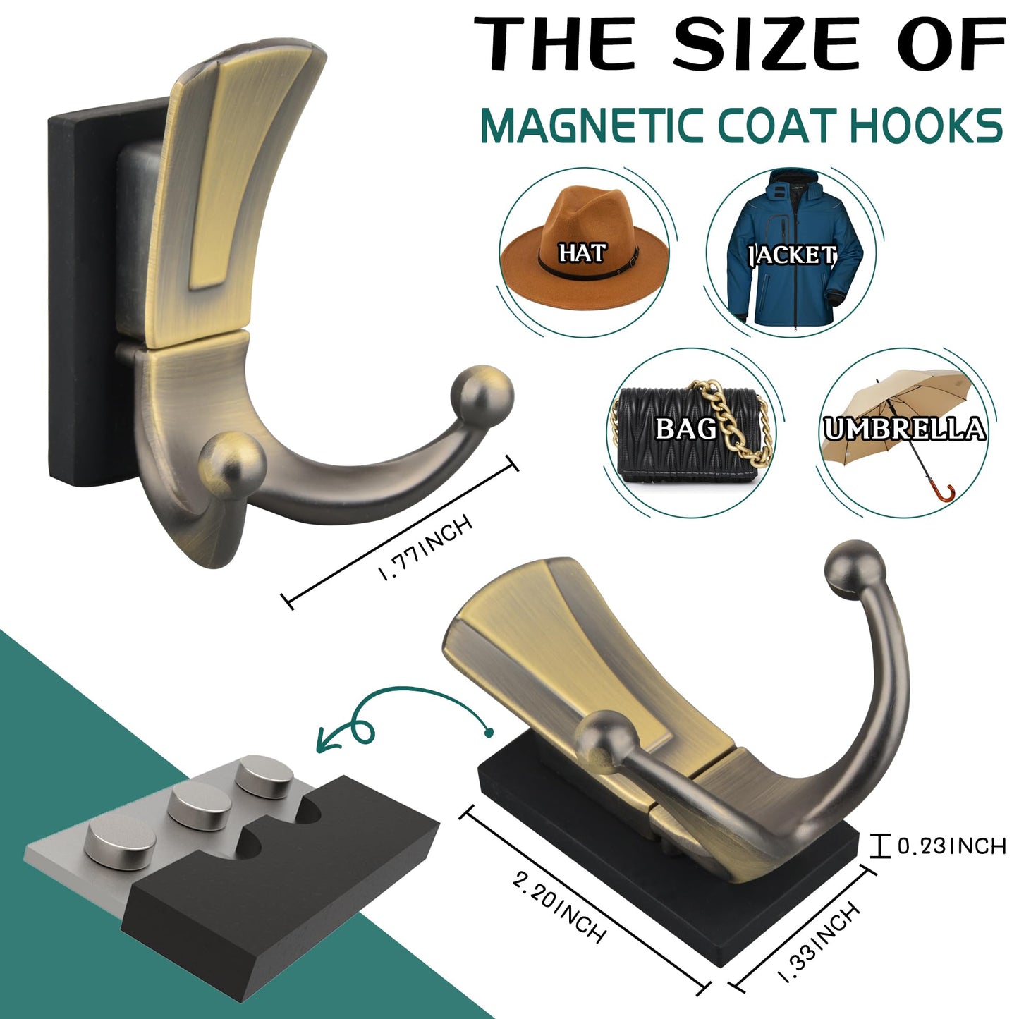 ULIBERMAGNET Magnetic Coat Hooks,Retro Heavy Duty Magnet Double Hooks for Metal Door,Cruise, Grill, Fridge, Kitchen, RVS,Coat Hanger Rack Decorative for for Towel,Coat,Bag,Umbrella