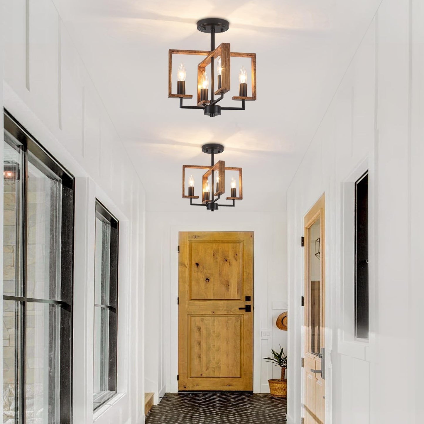 4-Light Semi Flush Ceiling Light, Farmhouse Ceiling Light Fixture Wood Hallway Light Fixture for Kitchen Island Dining Room Entryway Laundry Room Bedroom