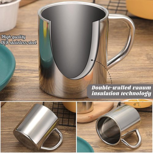 Cunhill 4 Set Small Stainless Steel Coffee Mug 10oz/300ml Metal Double Walled Cups Camping Mug with Handle Dishwasher Safe Tea Cups for Camping Travel Outdoors Rv Keep Drinks Hot