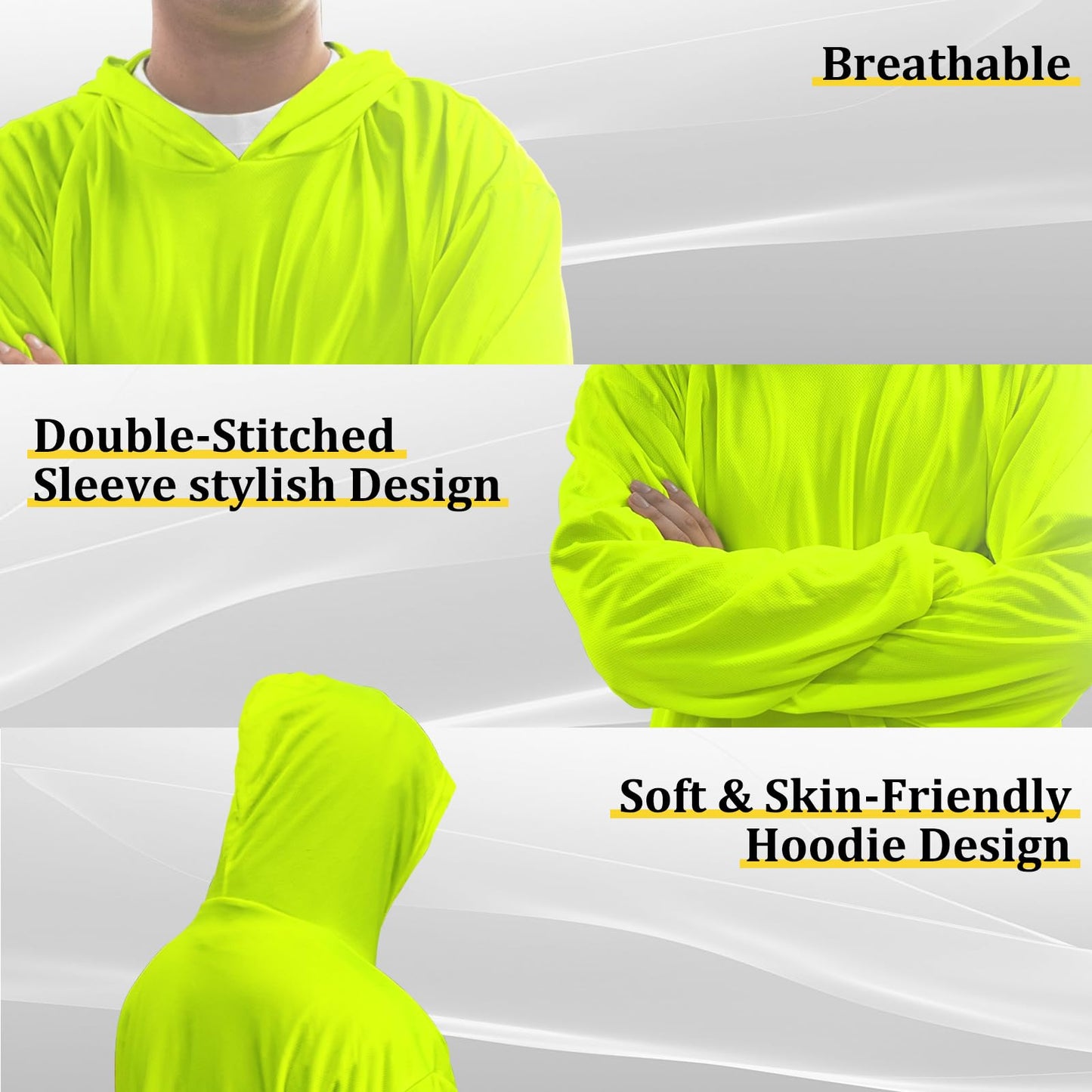 SUXIBIP Hi Vis Safety Hoodie, High Visibility Shirts for Men, Long Sleeve, Construction Work Shirts with Sun Protective Hood (Yellow, 3X-Large, 1 Pack)