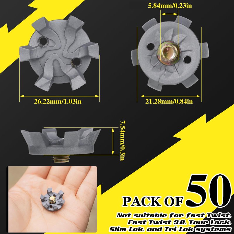 Shappy 51 Pcs Golf Shoe Spikes Replacements Set 50 Golf Shoe Cleats with 1 Black Cleats Spanner Metal Thread Screw 5.84 mm Dia Replacement for Cricket(Gray)