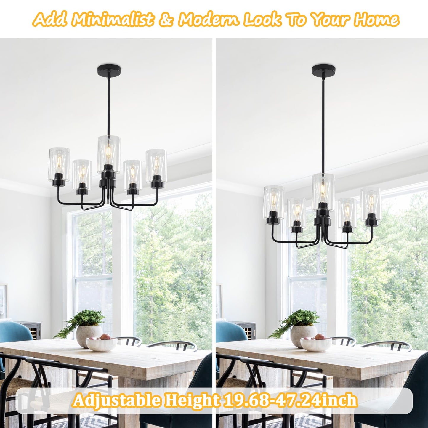 5-Light Modern Farmhouse Black Chandelier for Dining Room, 22" Industrial Pendant Light Fixture with Glass Shades, Adjustable Hanging Ceiling Lamp for Kitchen Island, Living Room, Bedroom, Foyer