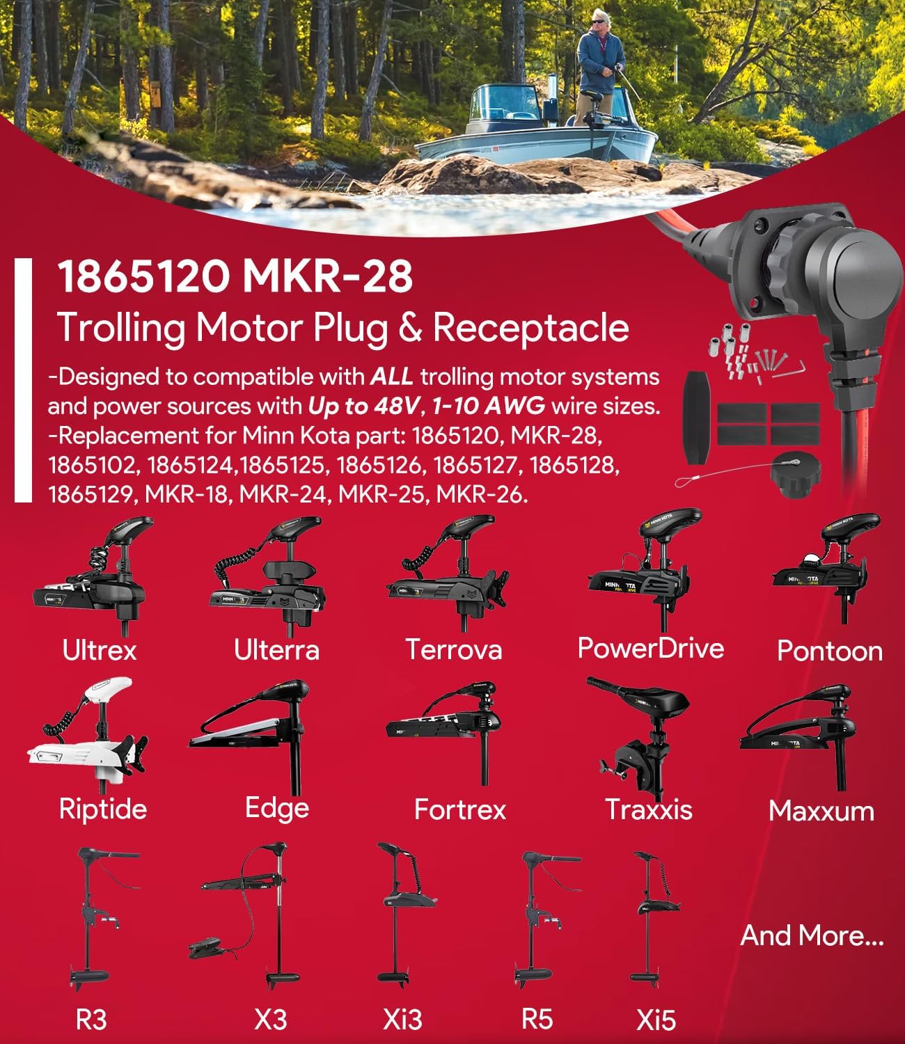 Minn Kota Trolling Motor Plug & Receptacle - Waterproof 12V/24V/36V/48V Connector for Marine Use