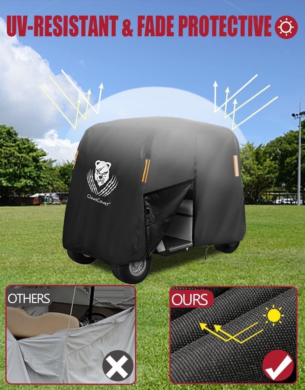 Golf Cart Cover 4 Passenger,Waterproof Outdoor 2+2 Golf Cart Covers Extended Roof,Universal Fits for Club Car Precedent EZGO Evolution Yamaha Kandi Onward Denago, UV-Resistant All Weather Protection