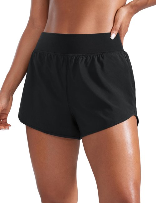 CRZ YOGA Mid Flat Waisted Running Shorts for Women 3" - Mesh Liner Quick Dry for Workout Sport Athletic with Zipper Pocket Black Medium