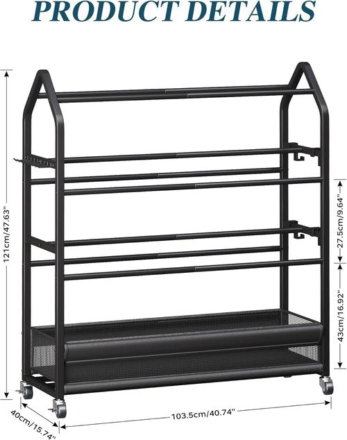 Homeiju Sports Equipment Organizer - Ball Storage Rack with Wheels & Hooks | Indoor/Outdoor Black Gear Shelf