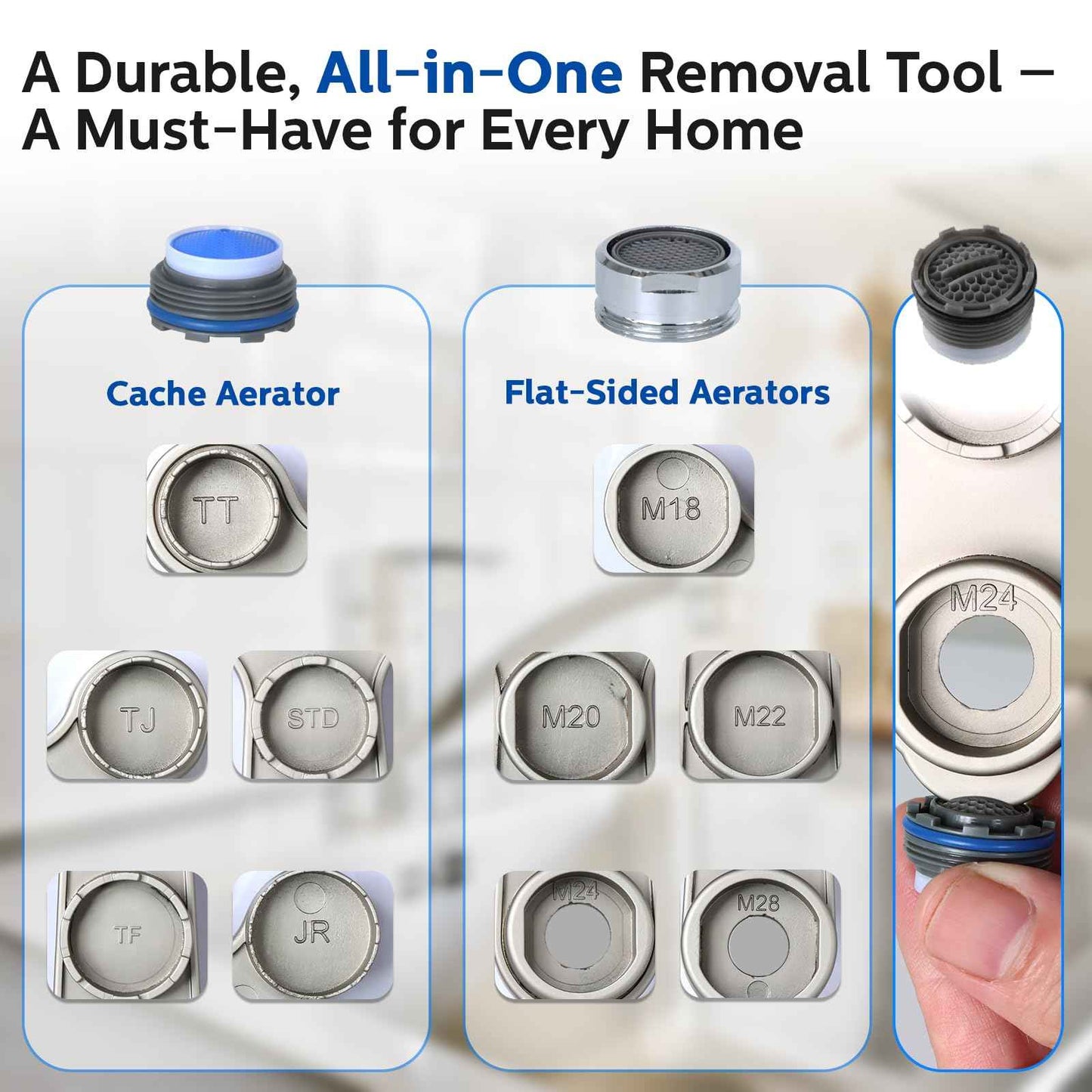 Tylola 11-in-1 Faucet Aerator Removal Tool – Universal Metal Aerator Wrench Key for TT, TJ, JR, STD, TF Recessed Sizes + M18 M20 M22 M24 M28 Threaded Housings – Ergonomic Handle, Rustproof Finish