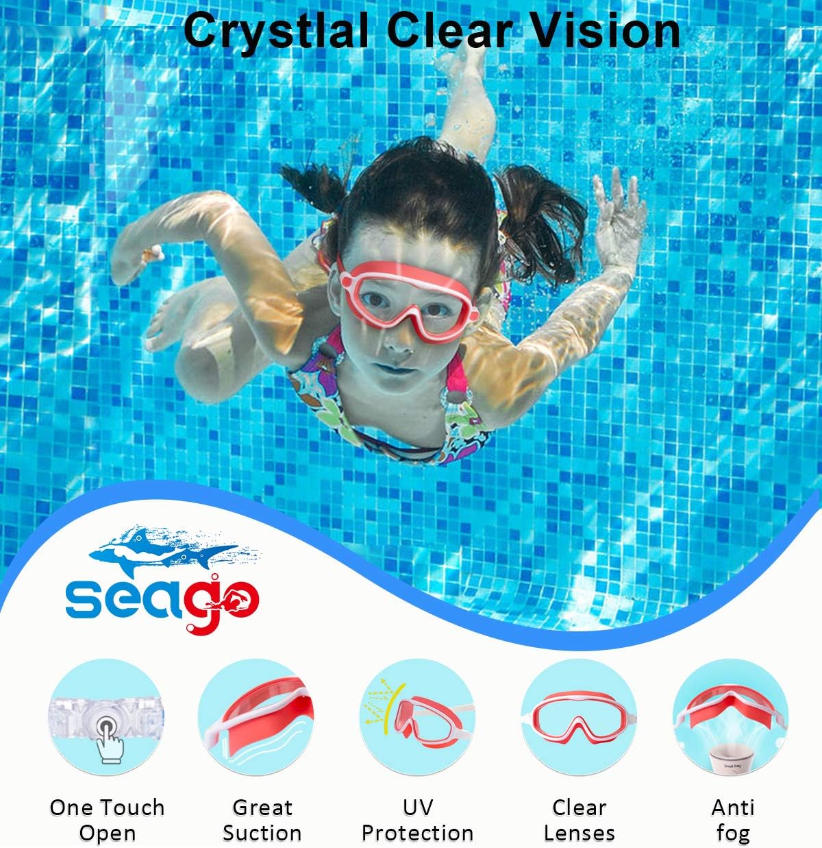 Seago Swim Goggles - Anti-Fog, Anti-UV, Wide View Design | 2 Pack for Kids Ages 3-15