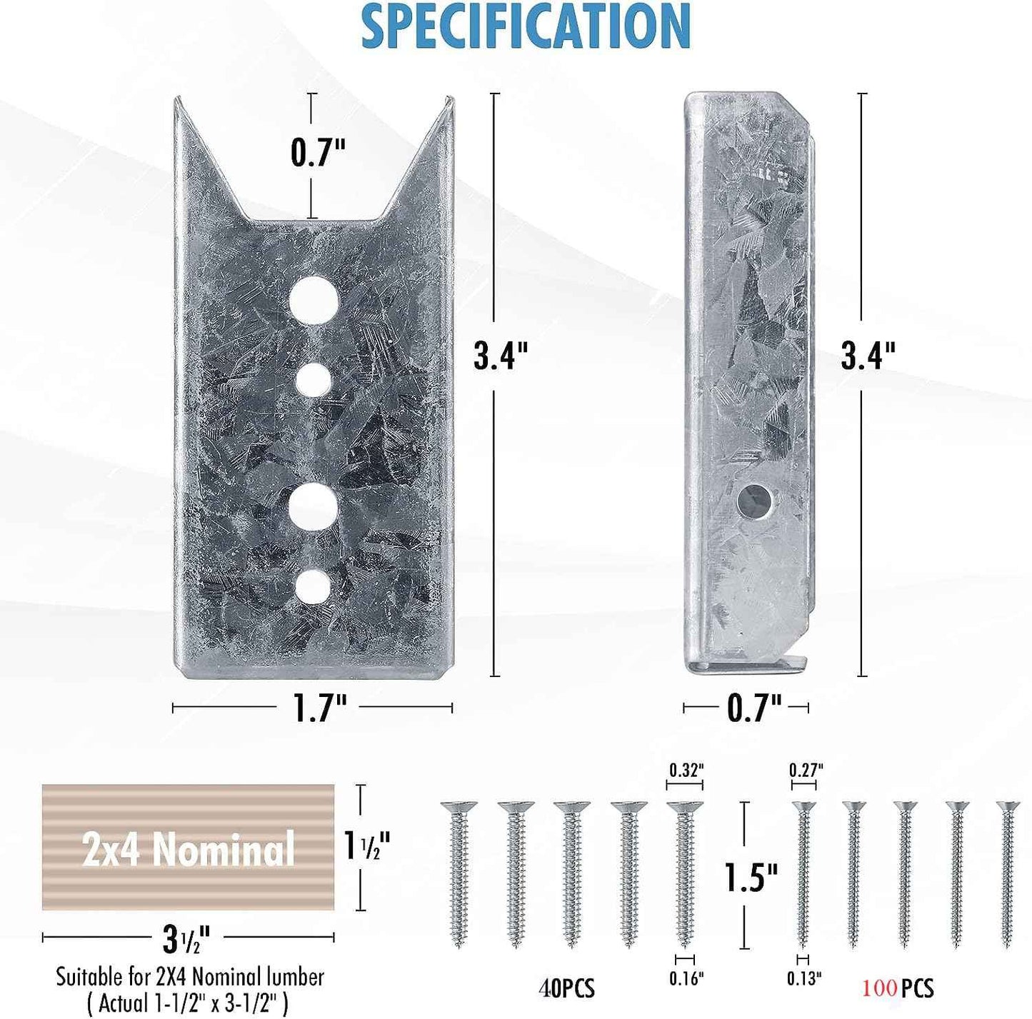 LukLoy 20 Pack 2x4 Brackets for Wood Rail, Fence Brackets Repair Kit Galvanized, Deck Railing Bracket Connectors for 2"×4"(Actually 1.5"x3.5") Wood Post, Includes 140PCS 304 Stainless Steel Screws