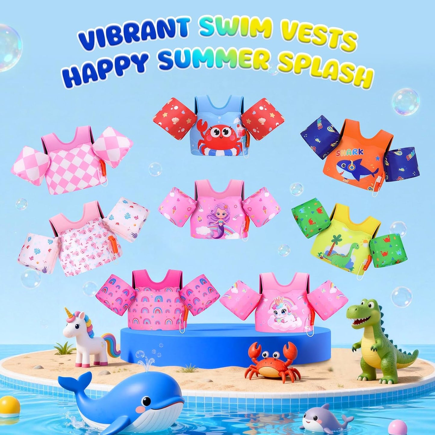 MoKo Toddler Swim Vest for Kids 13-30/20-50/22-66lbs, Swim Arm Floaties Cartoon Swimming Water Wings Pool Float Vests Sleeves Shoulder Straps Arm Band for Children Learn to Swim