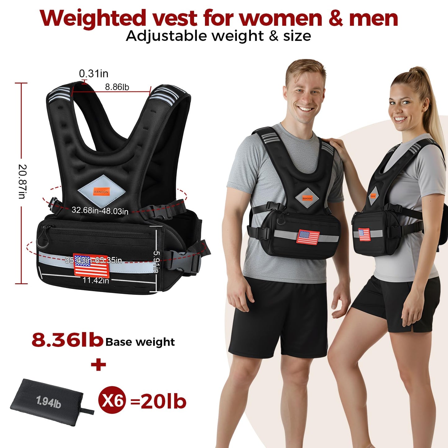Adjustable Weighted Vest for Men & Women, 6-10lb/8-20lb/8-30lb, with Storage Pockets & Reflective Strips for Walking, Running, Rucking & Strength Training (Black, 8-20LB)