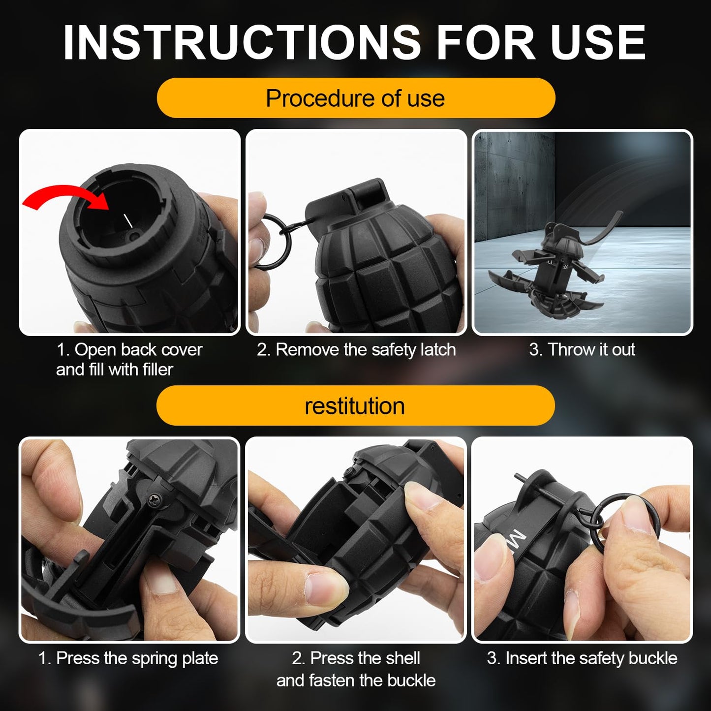 Zhongren Airsoft Tactical Grenade Plastic CS Battle Game Toy Dummy Hand Grenades Model Pull Ring Toys for Age 14+ (MF-36-BK)